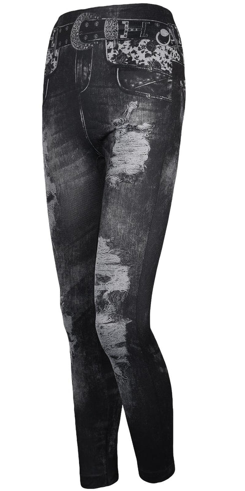 Women’s Ripped Denim Print Jeggings – High Waist Stretch Skinny Jeans with Faux Belt Design
