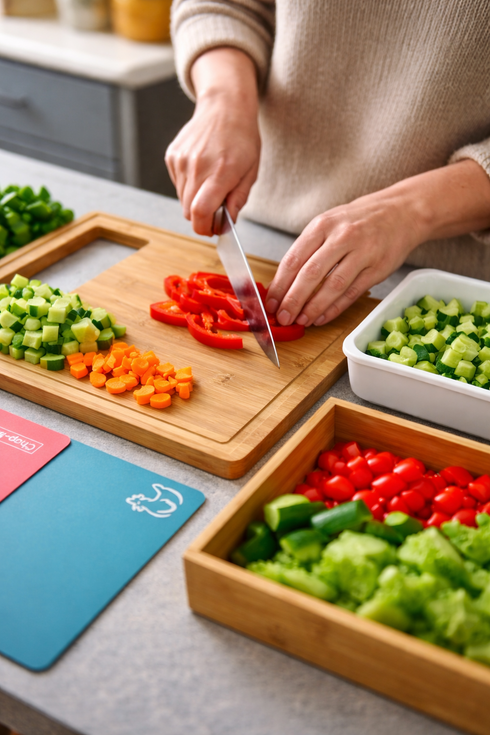 Bamboo Cutting Board Set with Colour-Coded Chopping Mats & Storage Tray – Hygienic Kitchen Food Prep System