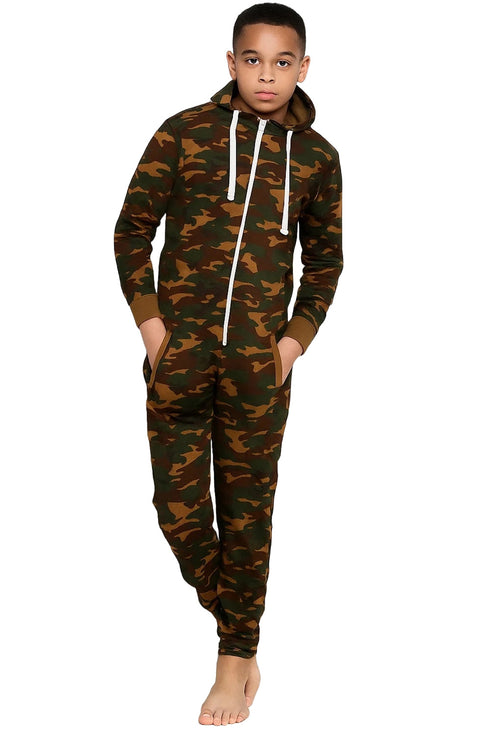 Kids Camo Print Hooded Onesie – Full Sleeve Zip-Up Loungewear