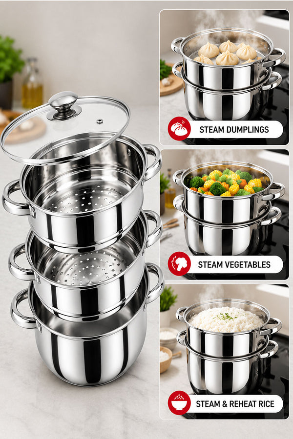 3 Tier Stainless Steel Steamer Set with Glass Lid