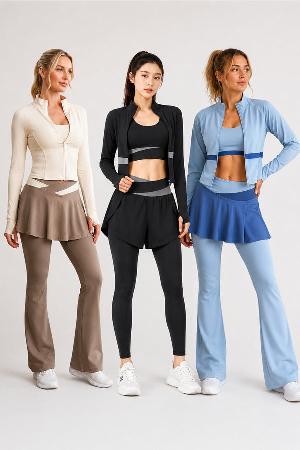 3 Piece Women’s Active-wear Set with Zip Jacket, Sports Bra & Skirt Leggings