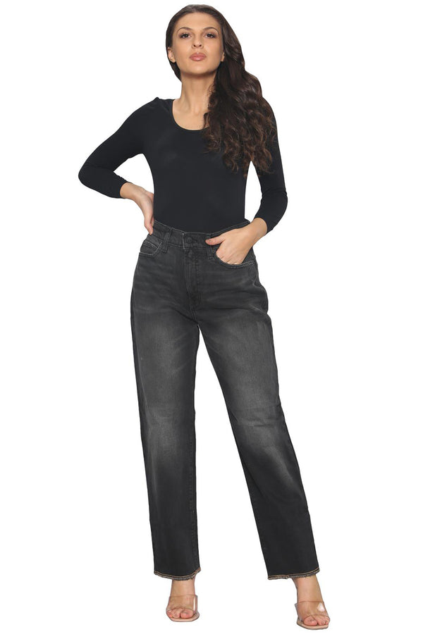 Women’s Washed Black High Waist Straight Leg Jeans