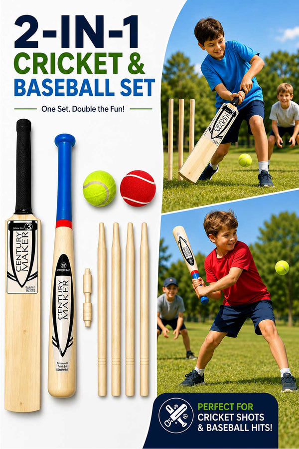 Kids Wooden Cricket & Baseball Set with Mesh Carry Bag
