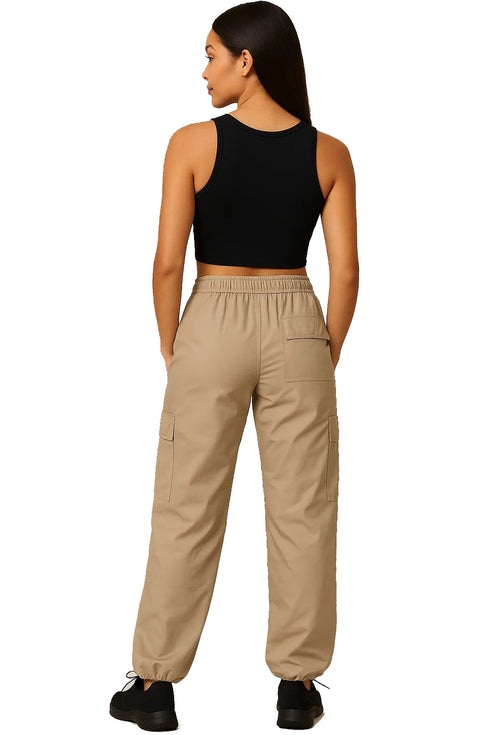 Womens Baggy Cargo Trousers – Drawstring Waist, Loose Fit Combat Pants with Pockets