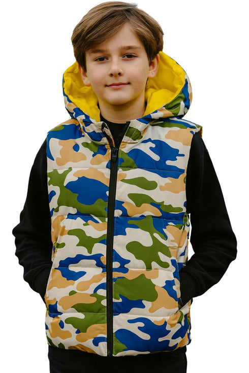 Boys Camo Hooded Puffer Jacket – Lightweight Sleeveless Bodywarmer for Kids