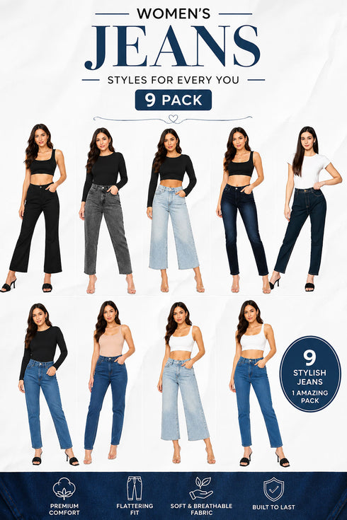 9 Pack Women’s High Waist Straight, Wide Leg & Flared Denim Jeans - From £3.99 Per Unit