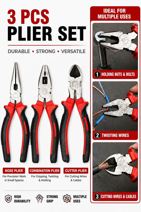 3 Piece Pliers Set – Long Nose, Combination & Wire Cutter Pliers for DIY, Electrical & Home Repairs