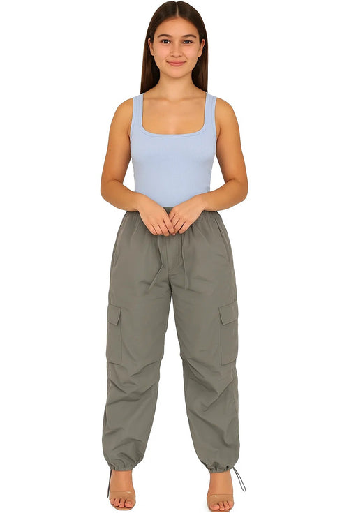 Womens Baggy Cargo Trousers – Drawstring Waist, Loose Fit Combat Pants with Pockets