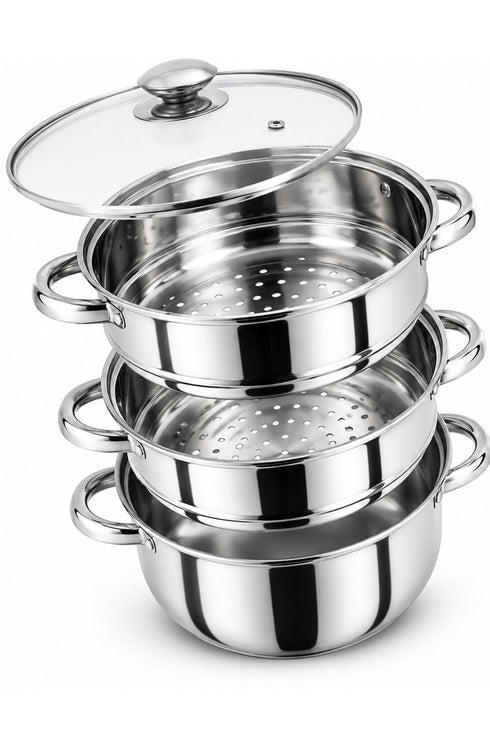 3 Tier Stainless Steel Steamer Set with Glass Lid