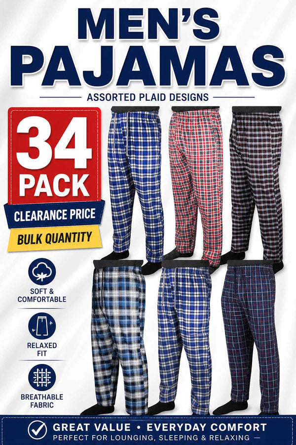 34 Pack Men’s Plaid Pajama Bottoms – Assorted Lounge Pants Bulk Clearance