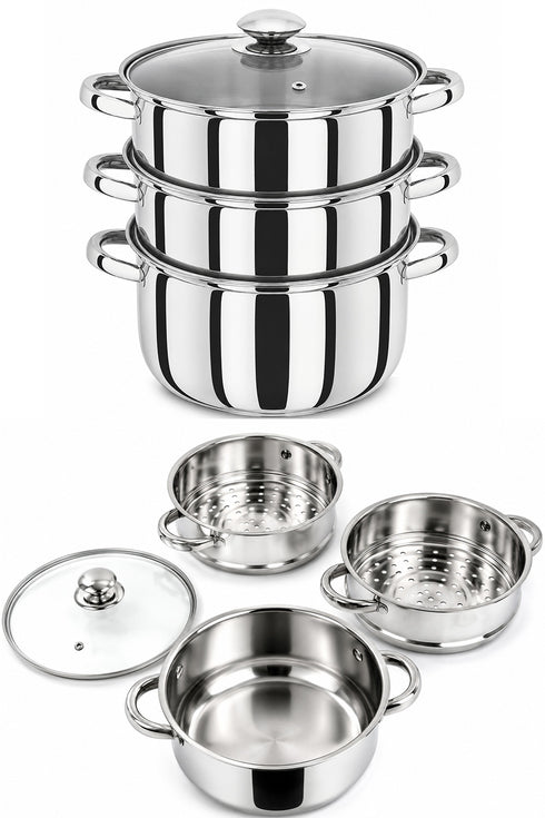 3 Tier Stainless Steel Steamer Set with Glass Lid