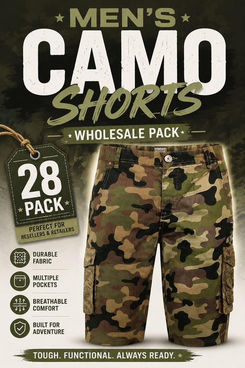 28 Pack Men’s Camo Cargo Shorts Wholesale Bulk Reseller Lot - From £2.85 Per Unit