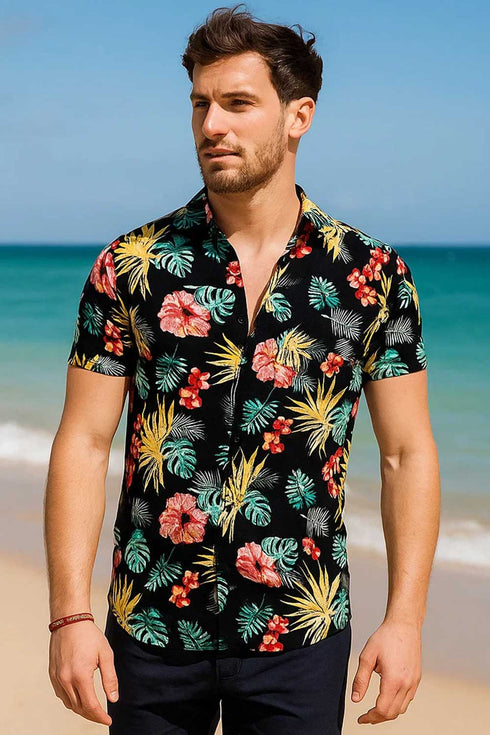 Mens Black Flowers Theme Hawaiian Shirts