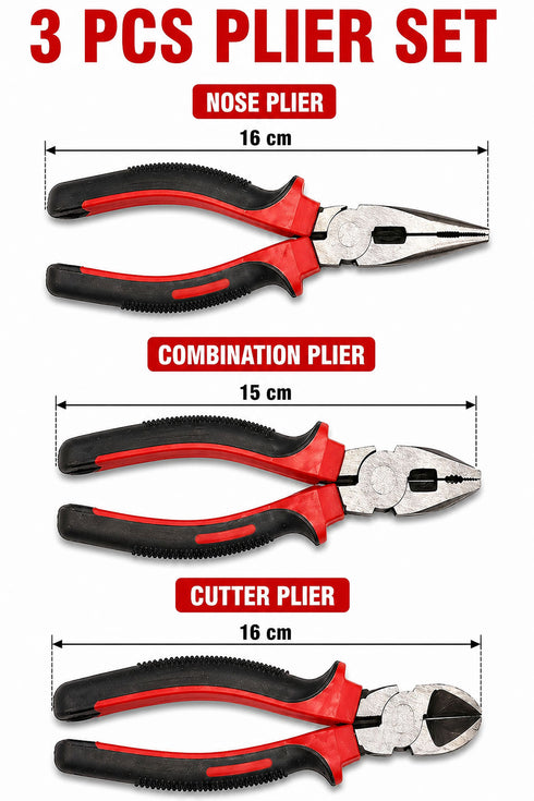 3 Piece Pliers Set – Long Nose, Combination & Wire Cutter Pliers for DIY, Electrical & Home Repairs