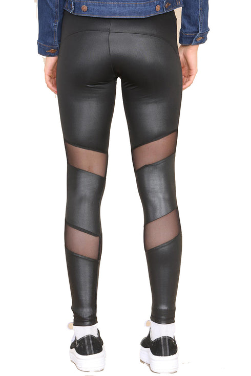 Women's Black Faux Leather Leggings with Sheer Mesh Panel – High-Waist Fitness & Fashion Pants