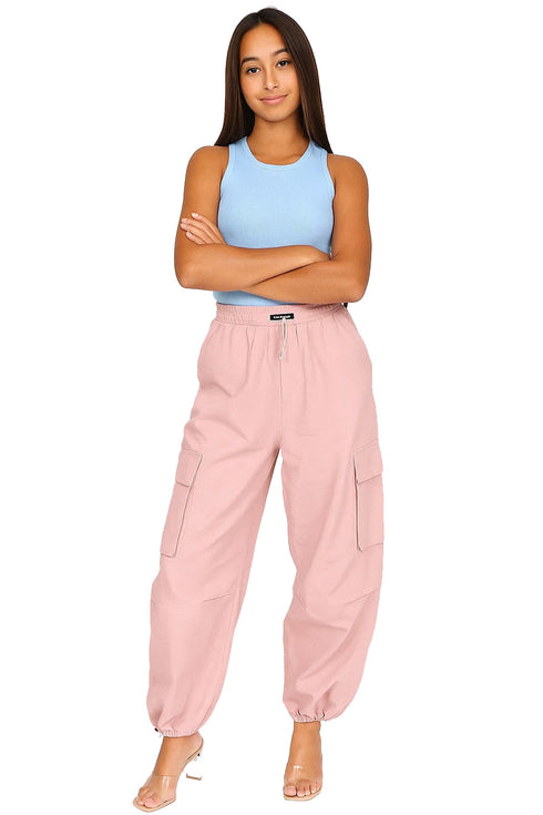 Womens Baggy Cargo Trousers – Drawstring Waist, Loose Fit Combat Pants with Pockets