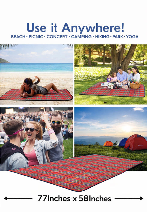 Foldable Waterproof Picnic Blanket with Handle – Large Outdoor Tartan Mat for Beach, Camping & Park