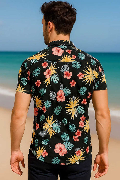Mens Black Flowers Theme Hawaiian Shirts