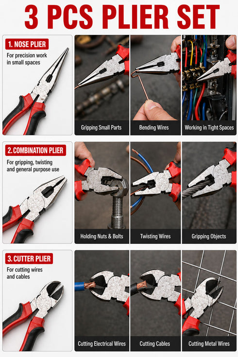 3 Piece Pliers Set – Long Nose, Combination & Wire Cutter Pliers for DIY, Electrical & Home Repairs