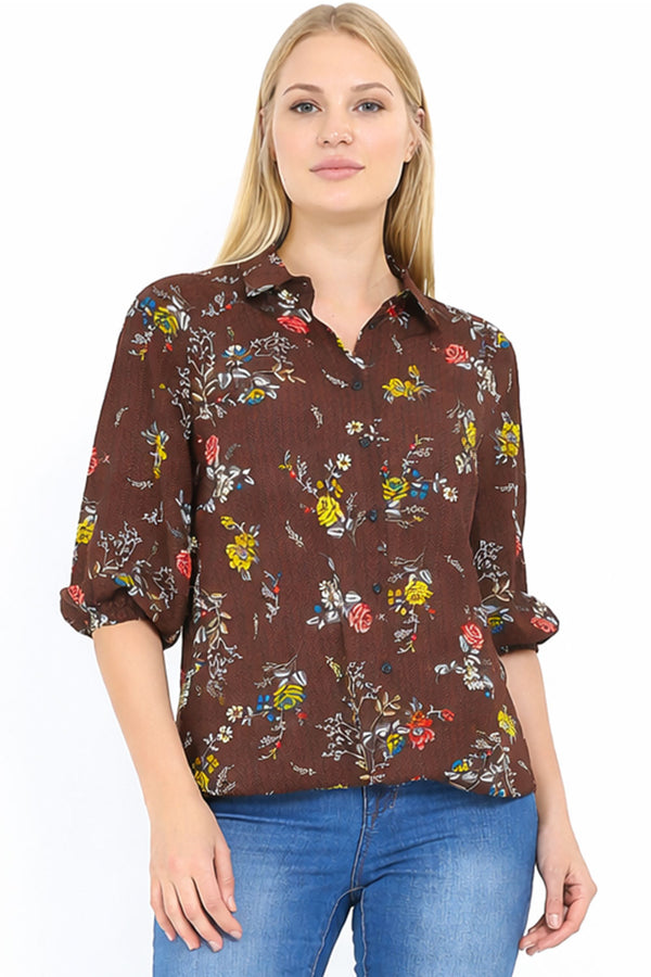 Women Floral Print Button Up Style Shirt