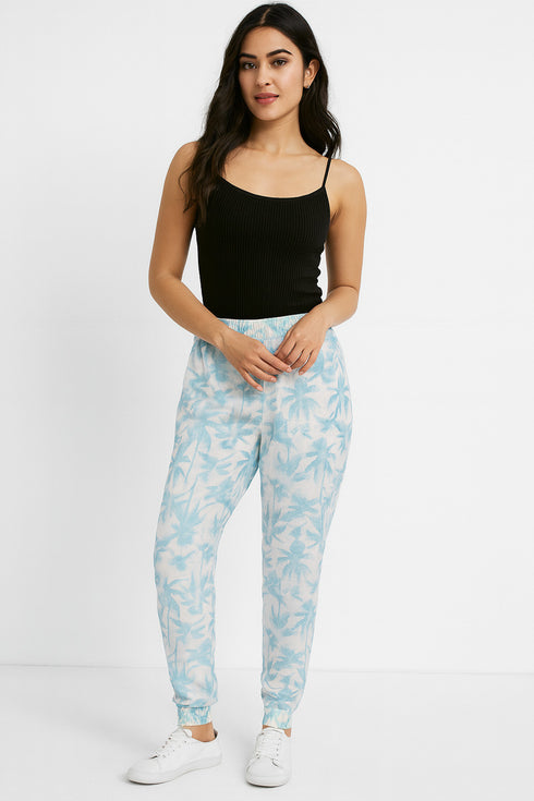 Ladies Printed Wide Leg Capri Trouser Blue
