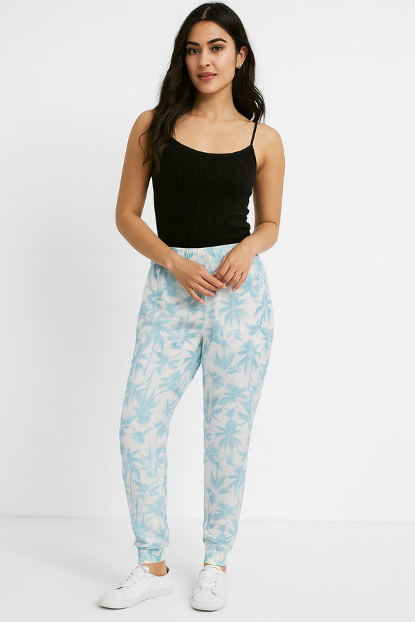 Ladies Printed Wide Leg Capri Trouser Blue
