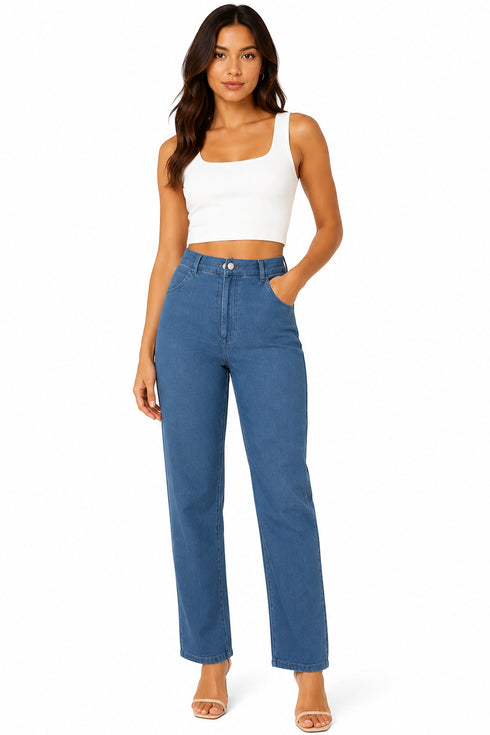 Women’s Blue High Waist Straight Leg Jeans – Elastic Back Denim Pants