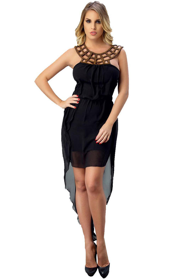 Women's High-Low Cocktail Dress with Embellished Neckline and Strappy Back
