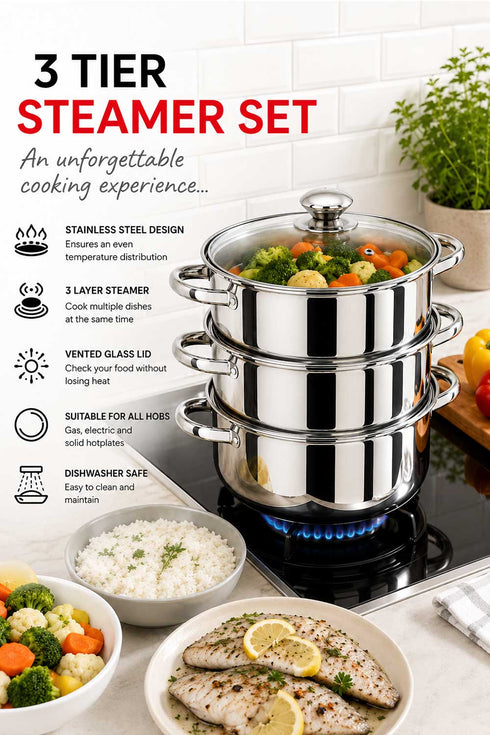 3 Tier Stainless Steel Steamer Set with Glass Lid