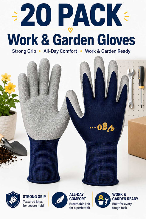 20 Pack Latex Coated Grip Gloves - Work & Garden Gloves XL