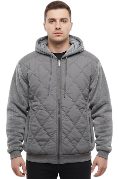 Men’s Quilted Fleece Jacket with Inner Pocket & Side Zipper – Warm Winter Hoodie with Inner Fleece Lining