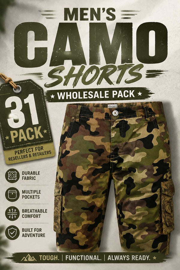 31 Pack Men’s Camo Cargo Shorts Wholesale Bulk Reseller Lot - From £2.90 Per Unit