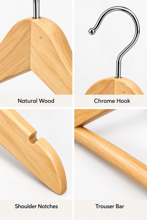 20 Pack Wooden Clothes Hangers with Chrome Hooks, Shoulder Notches and Trouser Bar