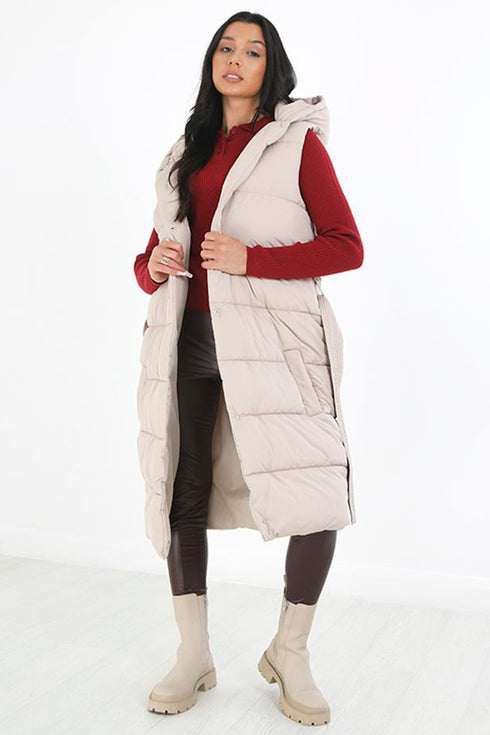 Womens Padded Long Gilet Hooded Puffer Jacket