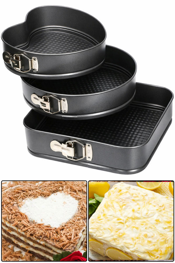 Non-Stick Springform Cake Tin Set – Round, Square & Heart Baking Pans with Removable Base