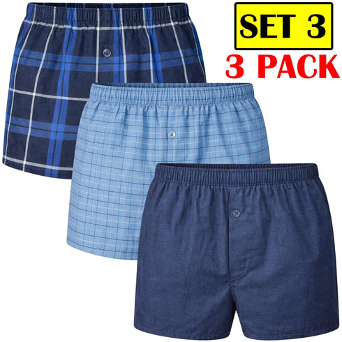 3 Pack Men's Check Woven Cotton Boxers