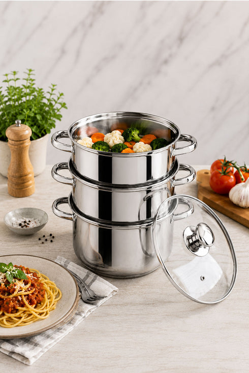 3 Tier Stainless Steel Steamer Set with Glass Lid
