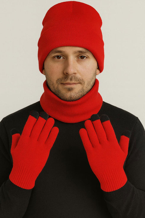 Unisex Winter Hat, Neck Warmer & Touchscreen Gloves Set – 3 Pieces Knit Cold Weather Accessories