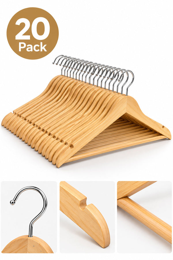 20 Pack Wooden Clothes Hangers with Chrome Hooks, Shoulder Notches and Trouser Bar
