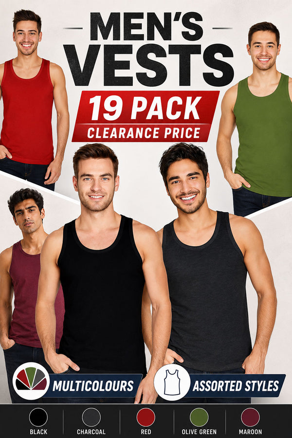 Men’s Vests 19 Pack – Multicolour Assorted Tank Tops Clearance