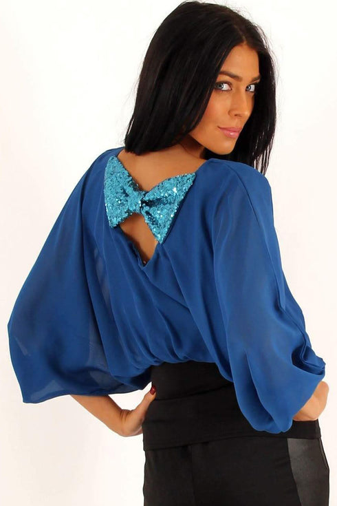 Women's Blue Chiffon Batwing Top with Sequin Bow Back Detail