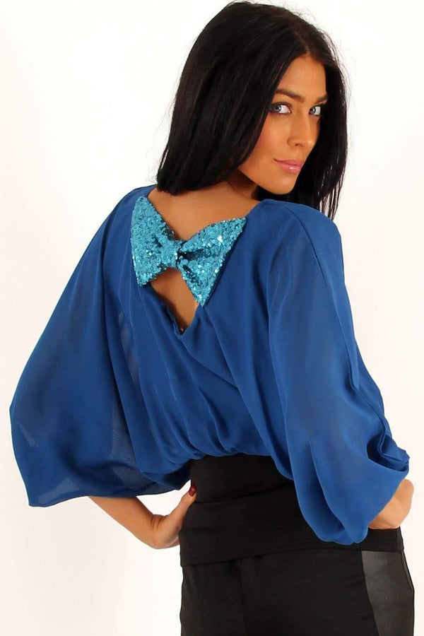 Women's Blue Chiffon Batwing Top with Sequin Bow Back Detail