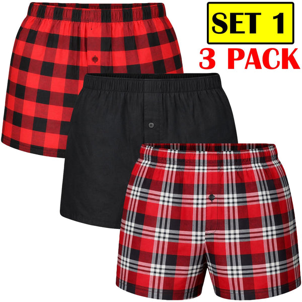 3 Pack Men's Check Woven Cotton Boxers