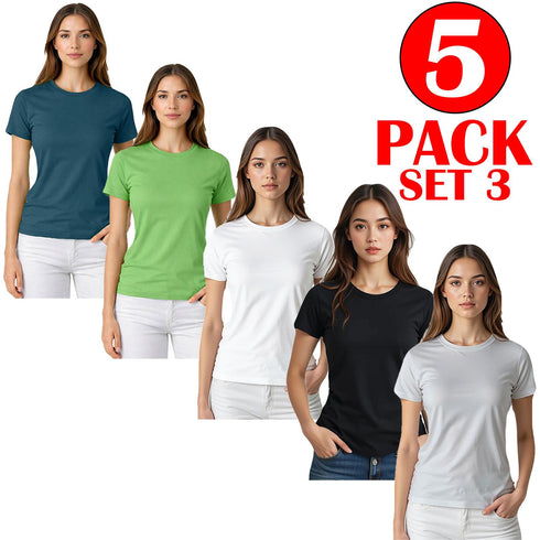5 Pack Womens Plain Crew Neck T-Shirts