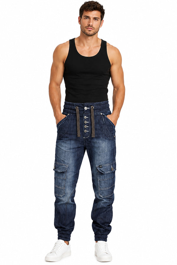 Men’s Denim Cargo Jogger Jeans with Drawstring Waist