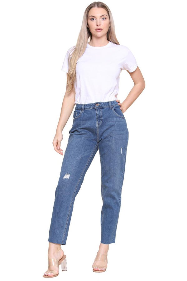 Women’s Blue Distressed Denim Mom Jeans with Raw Hem