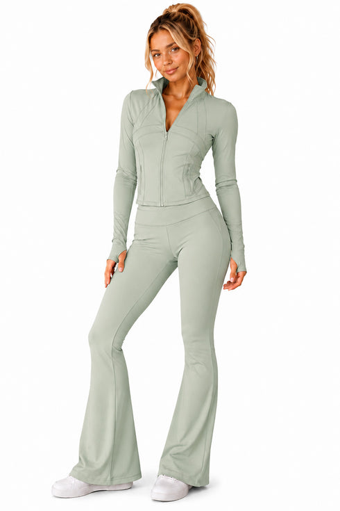 Women’s Zip Up Active-wear Set with Flared Leggings