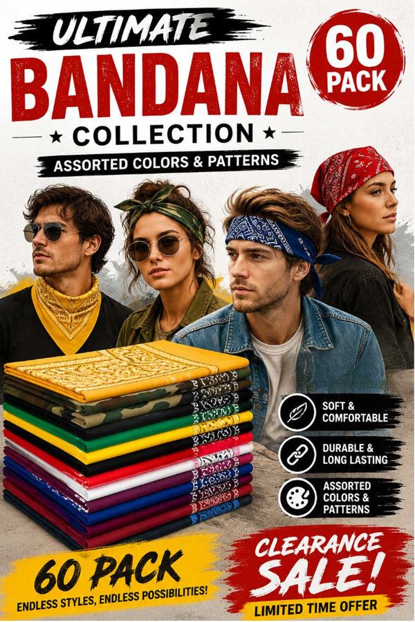 60 Pack Assorted Bandanas – Bulk Paisley, Solid, Camo & Flag Designs - From 49p Per Unit