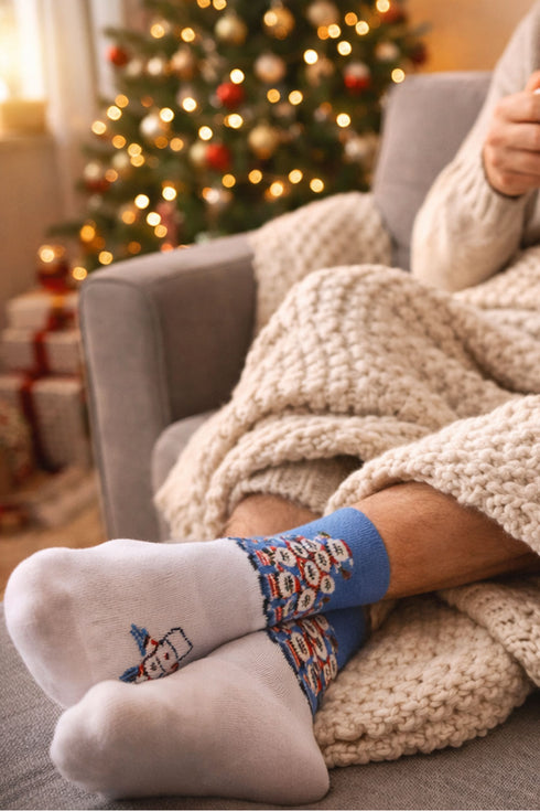Men’s Christmas Socks – Funny Santa Claus Print – Festive Blue & White Crew Socks
