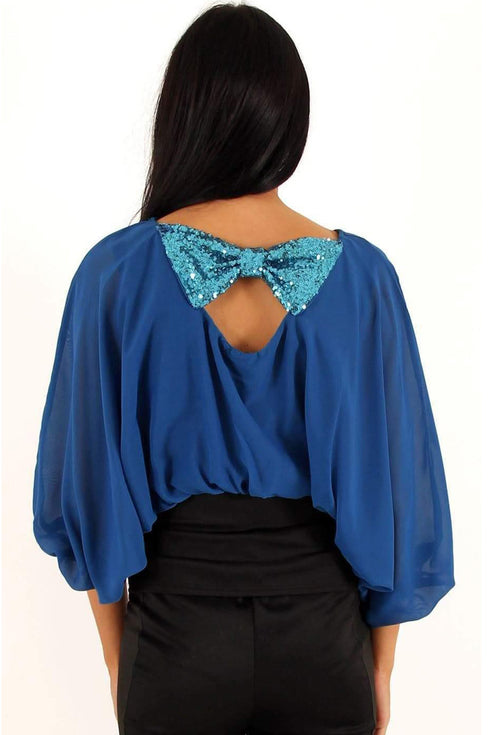Women's Blue Chiffon Batwing Top with Sequin Bow Back Detail